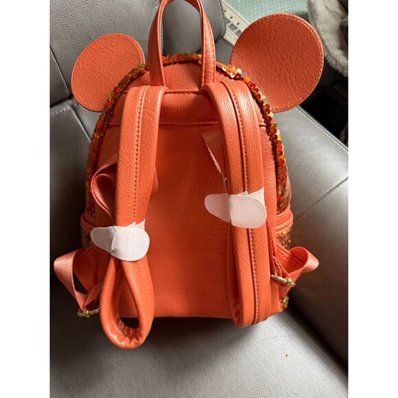 Disney Parks Loungefly Minnie Mouse Orange Sequin Mini Backpack With Bow & Ears - Picture 4 of 4